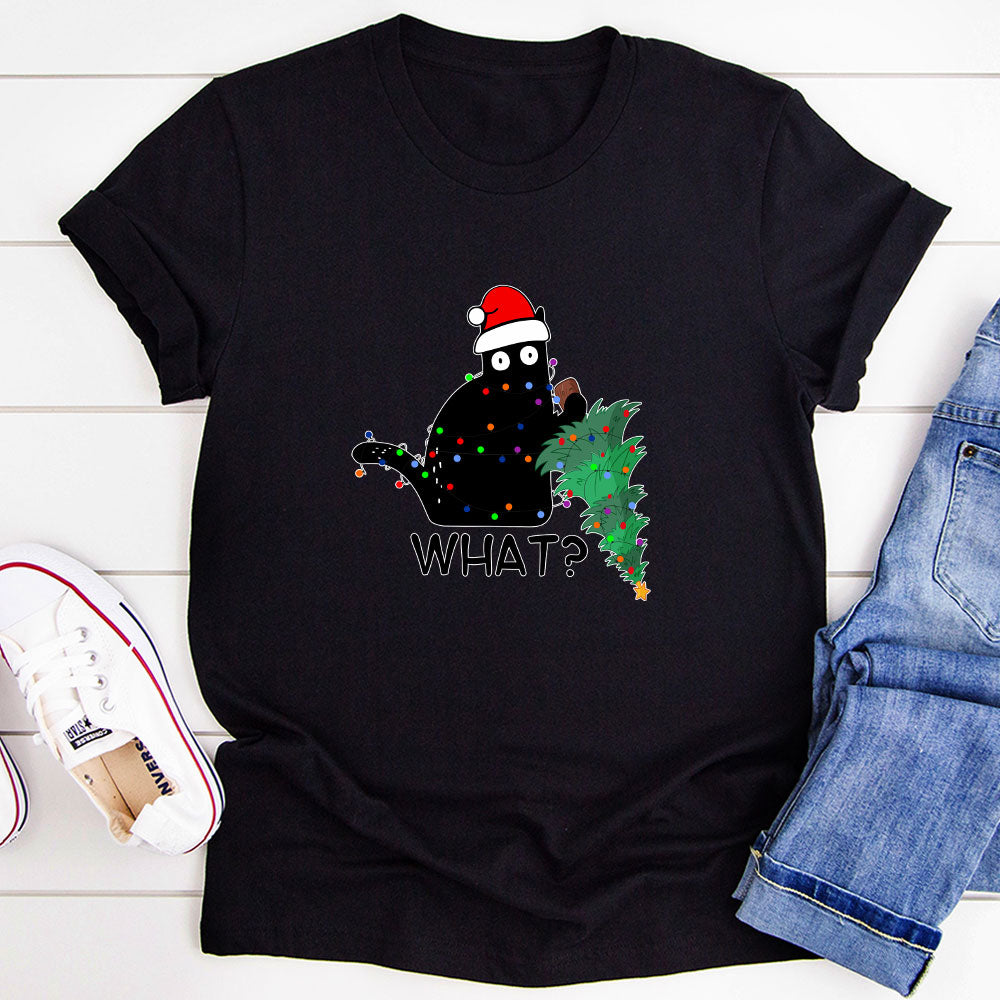 MerchMallow "What?" Cat Christmas Tree T-Shirt