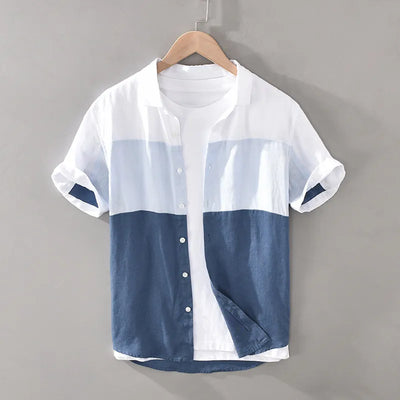 Men 100% Linen Patchwork Short Sleeve Shirt