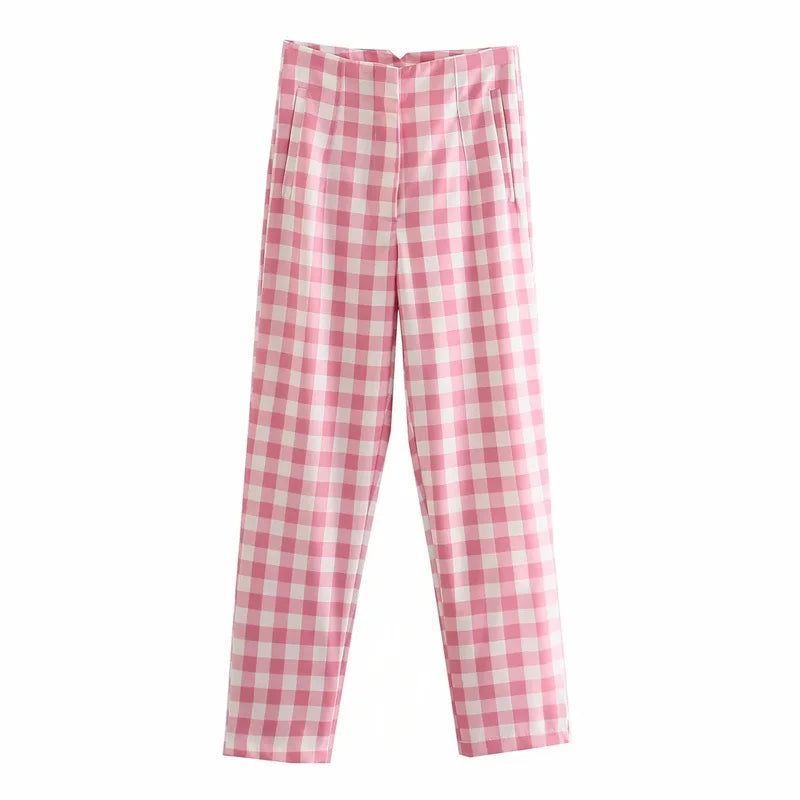 Pink Plaid High Waisted Pants