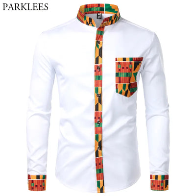 African Mens Shirt Patchwork Pocket