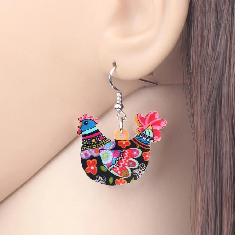 Acrylic Floral Chicken Hen Earrings