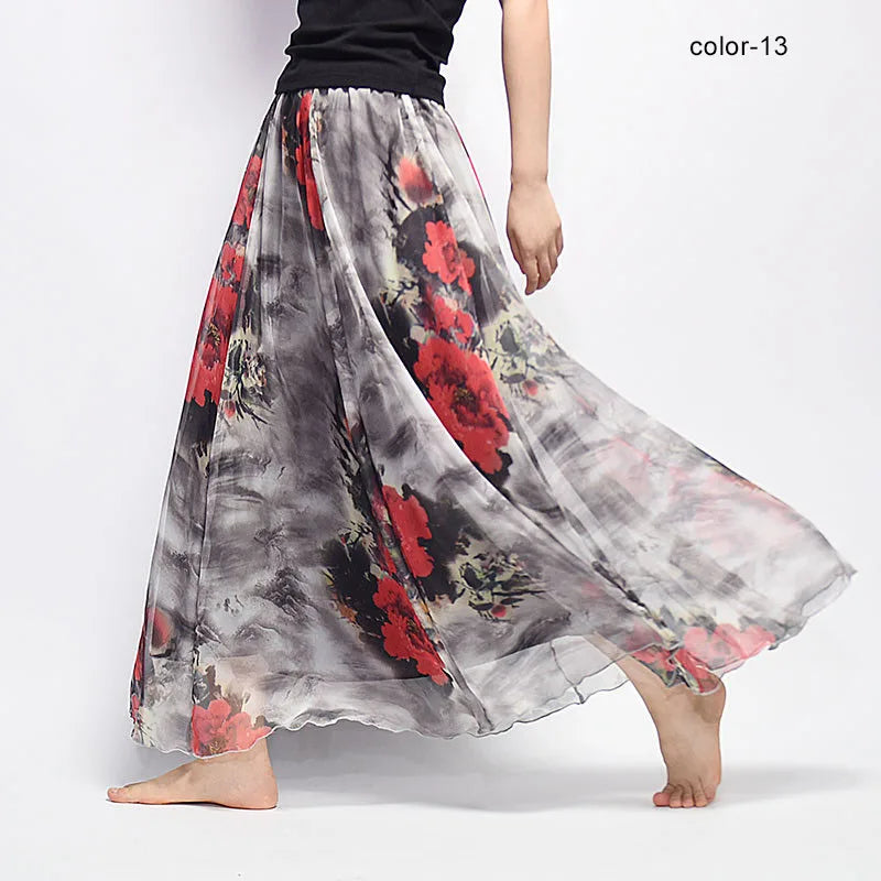 Elegant Floral Print Chiffon Long Skirt
