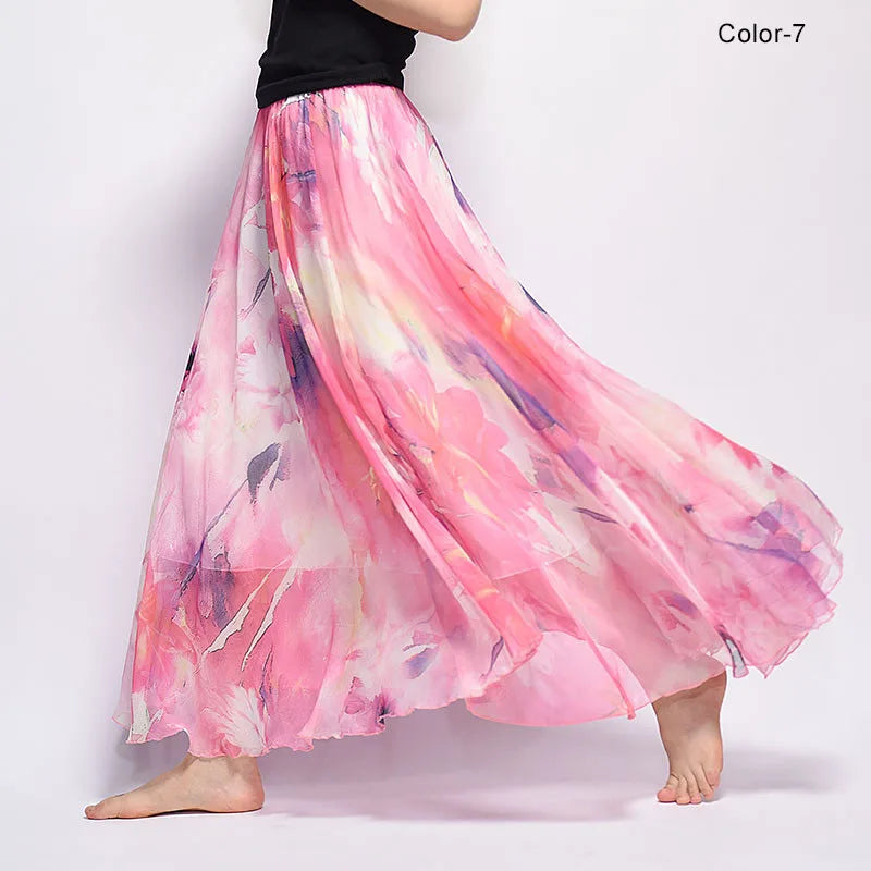 Elegant Floral Print Chiffon Long Skirt