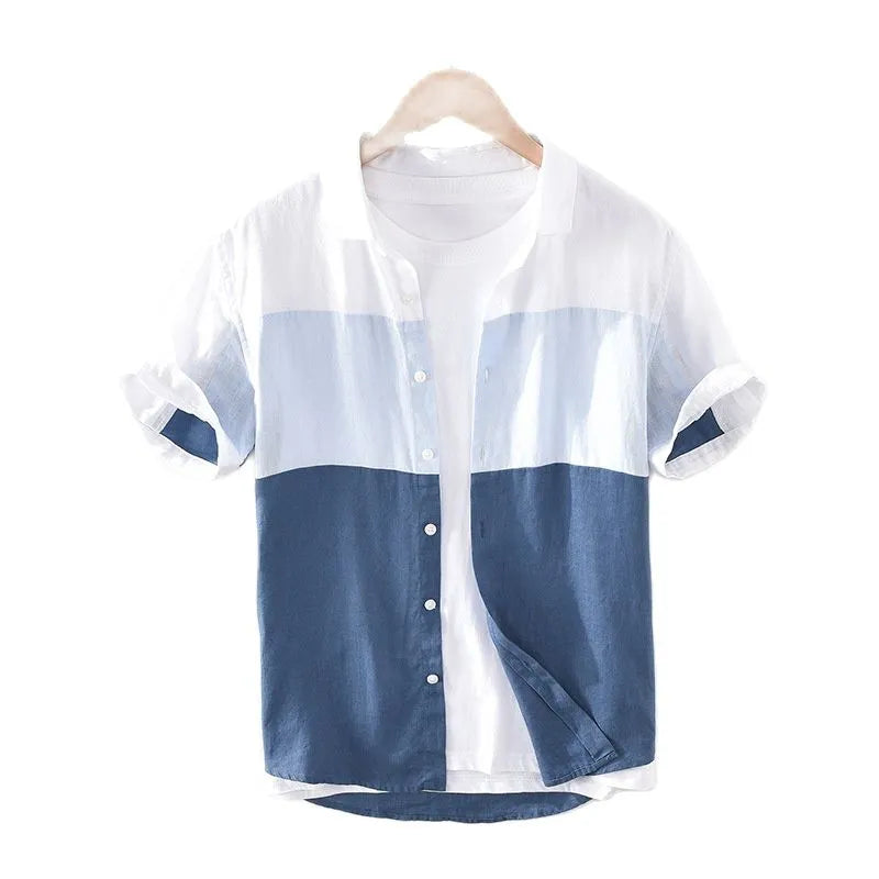 Men 100% Linen Patchwork Short Sleeve Shirt