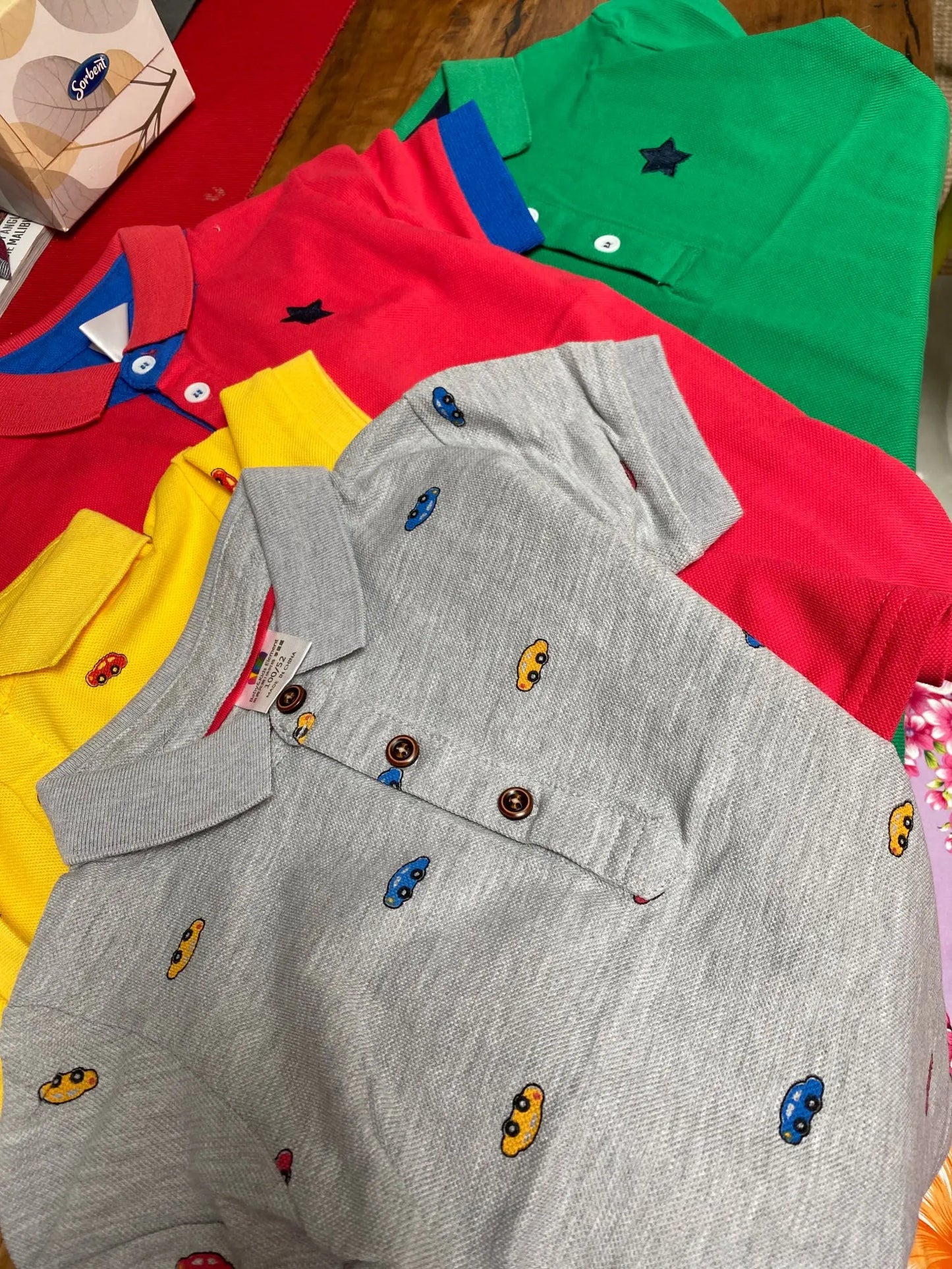 2023 Summer Children's Clothing Baby Candy Color Turn Down Collar Cartoon Character Kids Boy Car Short Sleeve Cotton T-Shirt