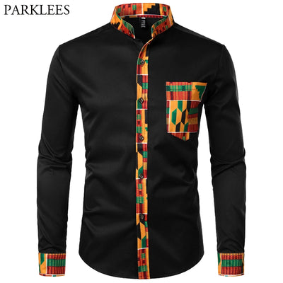African Mens Shirt Patchwork Pocket