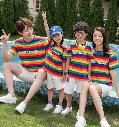Parent-Child Rainbow Striped Short-Sleeved T-shirt