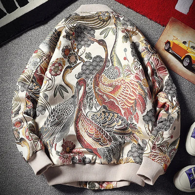 Japan Style Mens Floral & Crane Embroidery Bomber Jacket