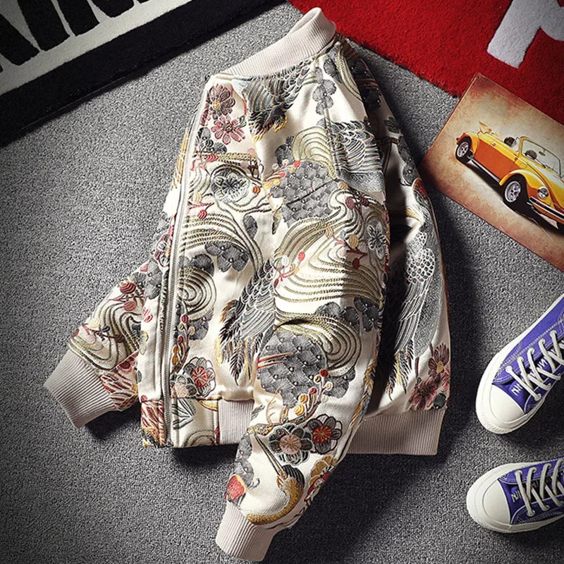 Japan Style Mens Floral & Crane Embroidery Bomber Jacket