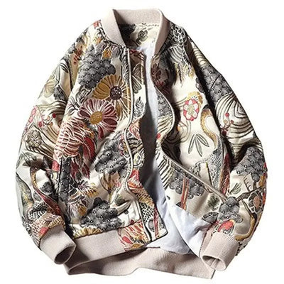 Japan Style Mens Floral & Crane Embroidery Bomber Jacket