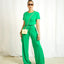 Green Two-piece Casual Short-sleeved Top Waisted Wide-leg Pants