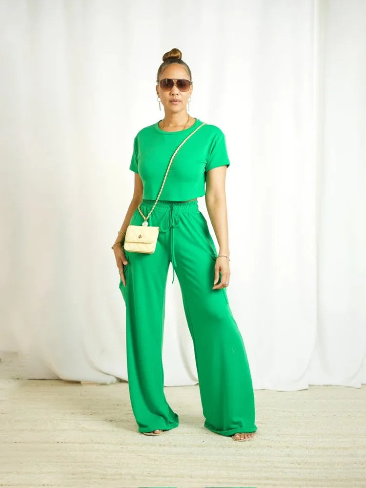 Green Two-piece Casual Short-sleeved Top Waisted Wide-leg Pants