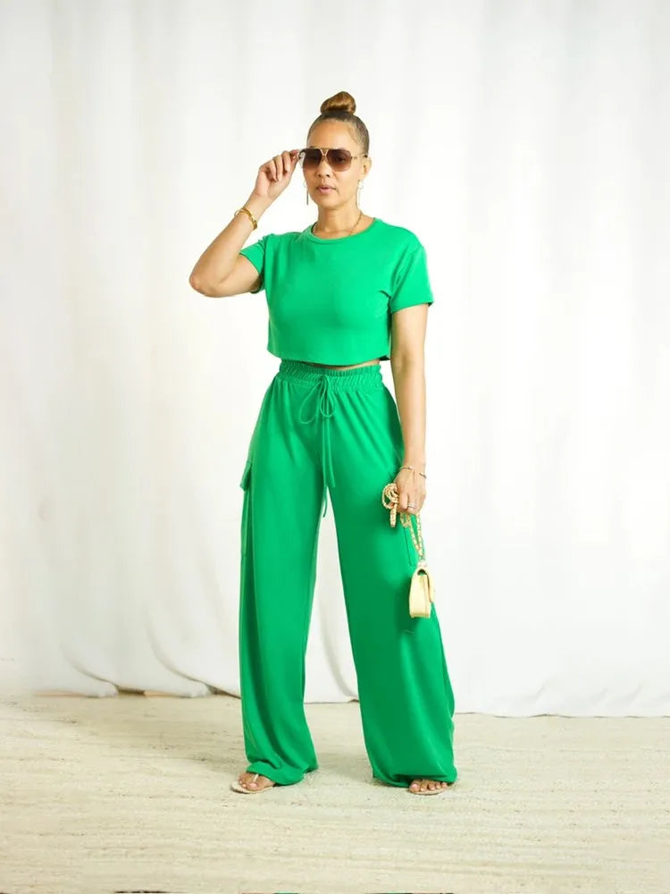 Green Two-piece Casual Short-sleeved Top Waisted Wide-leg Pants