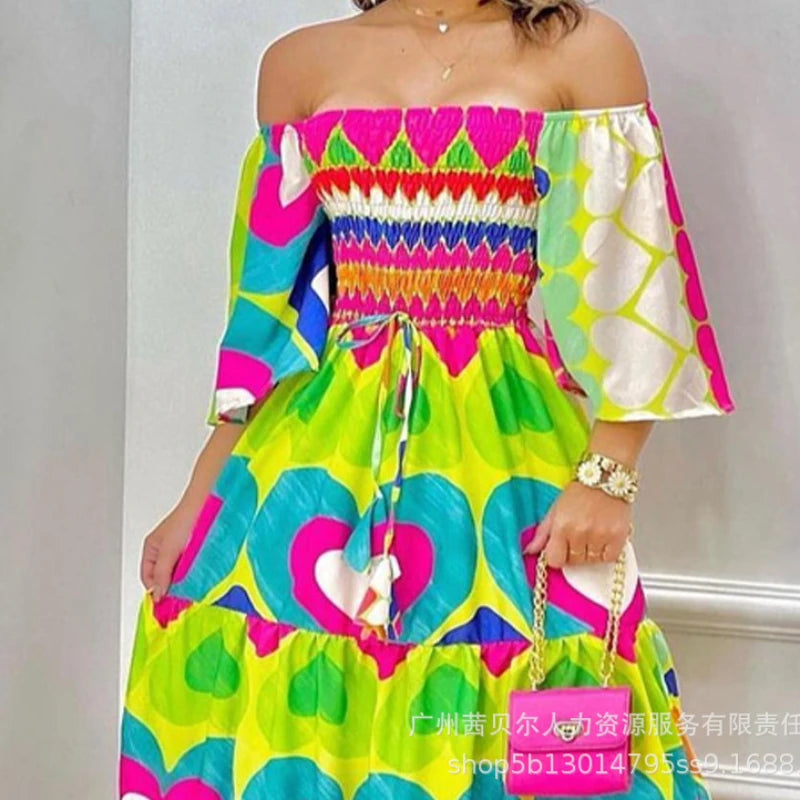 Off Shouler Heart Print Sleeveless Maxi Dress