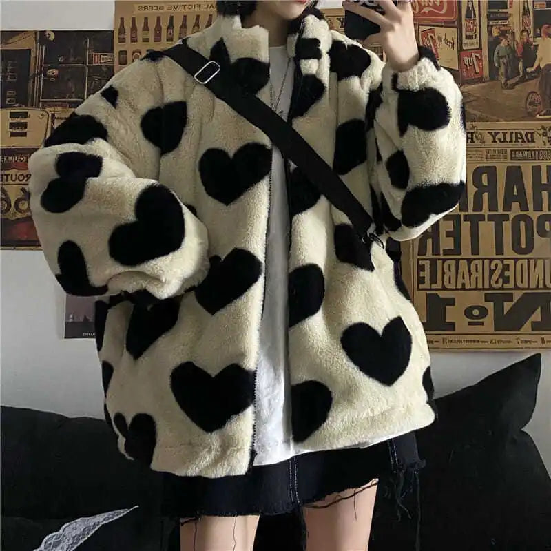 Heart Print Fur Jacket