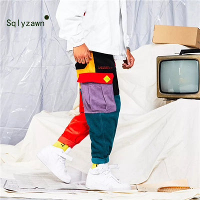 Corduroy Color Patchwork Streetwear Cargo Pants