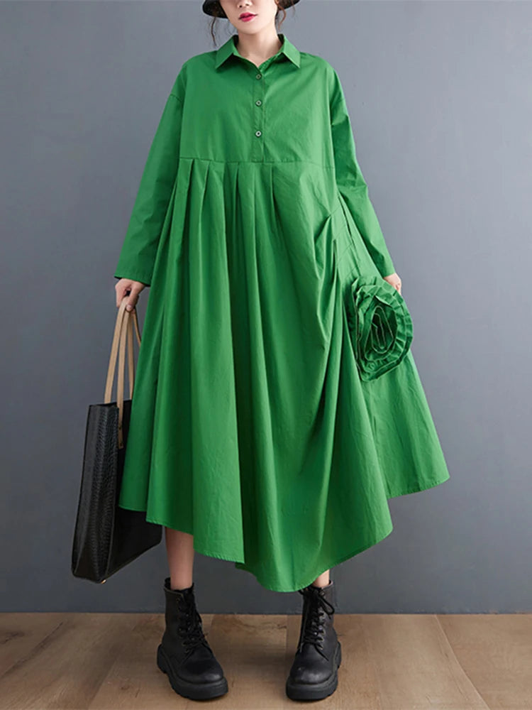 Green Pleated Shirt Dress