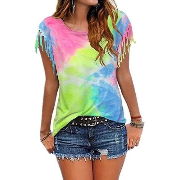 Tie-dye Fringed Short-Sleeved T-shirt