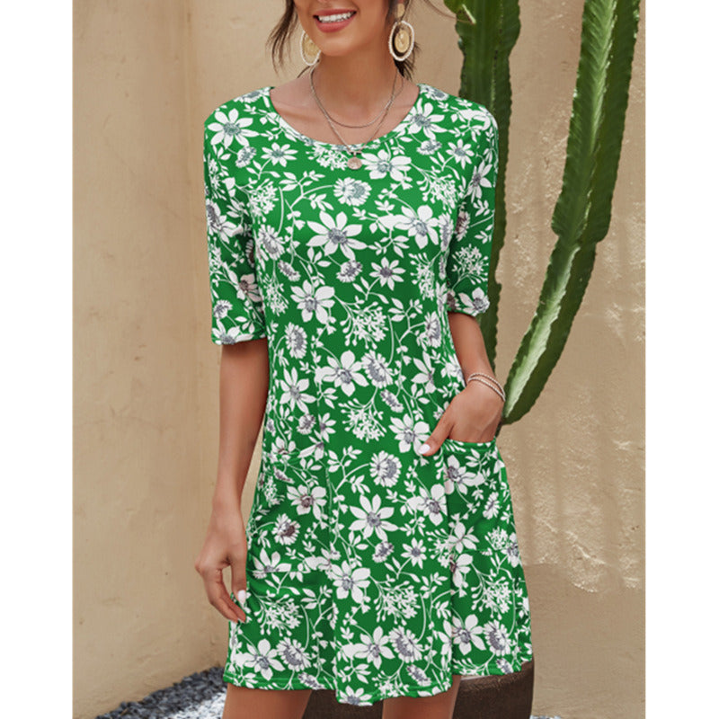 Summer New Women's Round Neck Printed Large Size Short Sleeve Dress