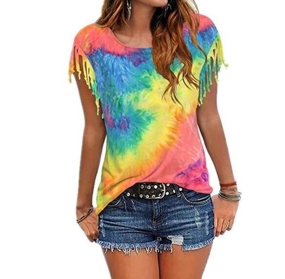 Tie-dye Fringed Short-Sleeved T-shirt