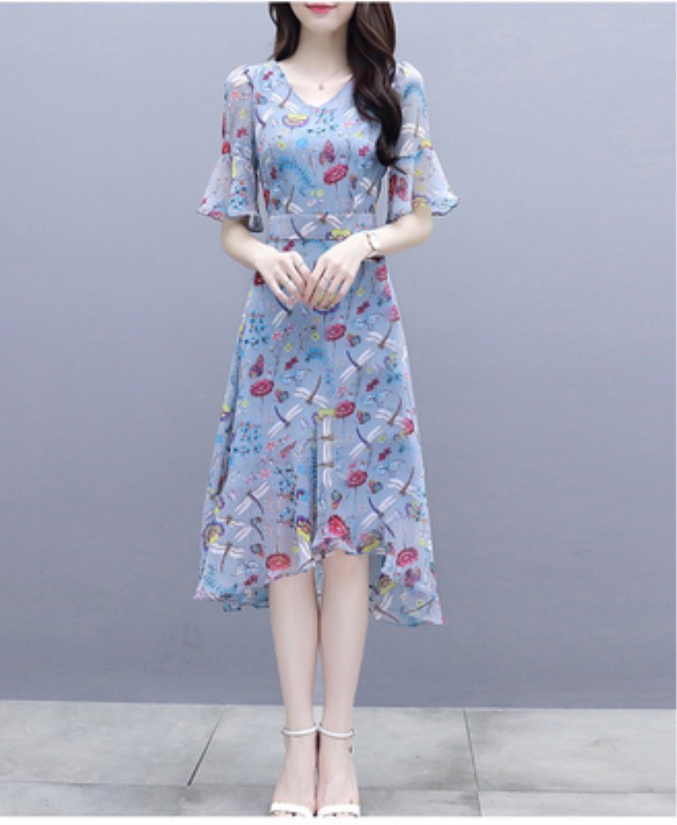 summer new women's floral dress waist slimming V-neck ruffled mid-length dress