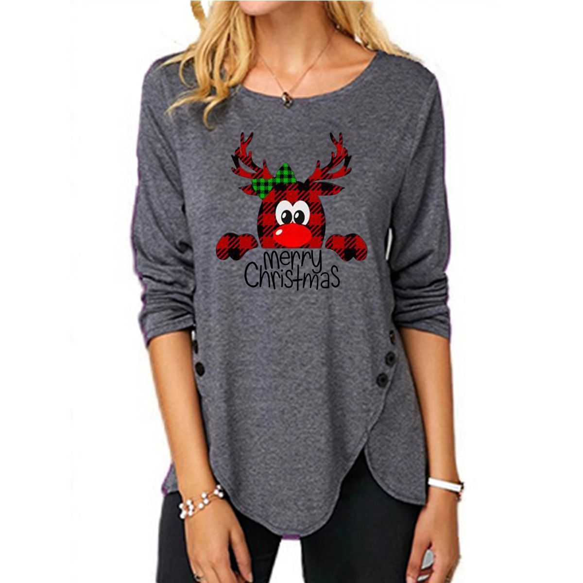 Button Long Sleeve Christmas Blouse