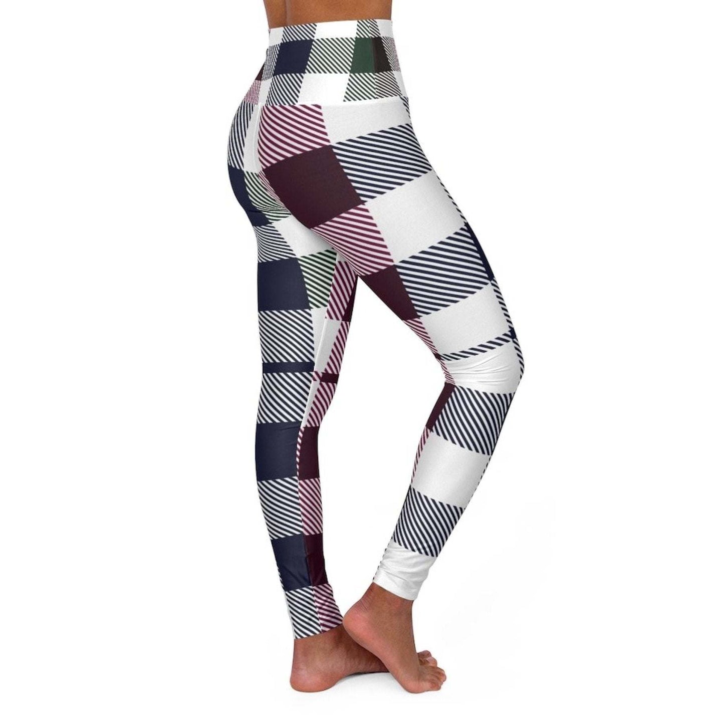 inQue.Style High Waisted Yoga Pants, Blue Burgundy Green And Black Plaid Style Sports Pants