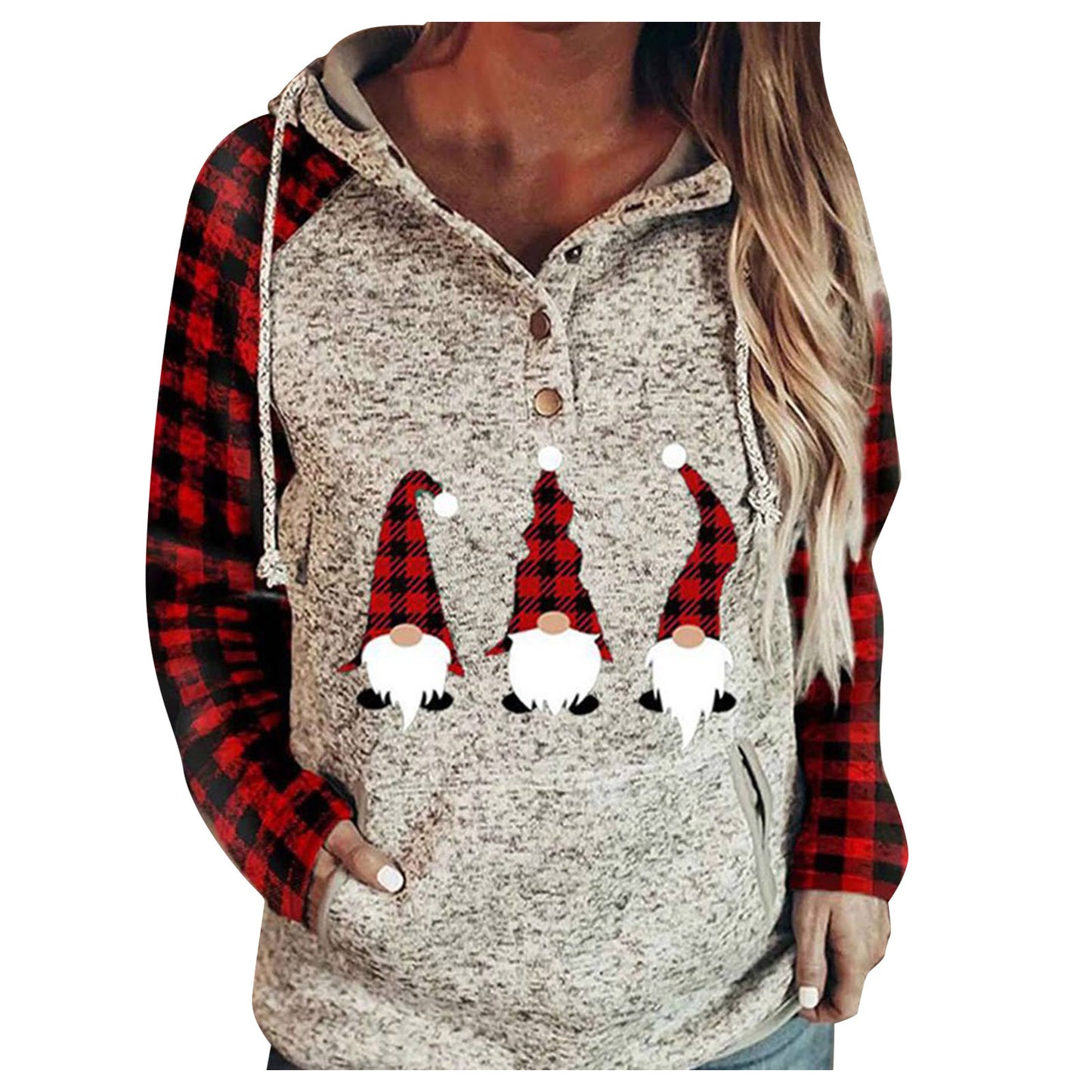 Christmas Print Plaid Stitching Hoodie