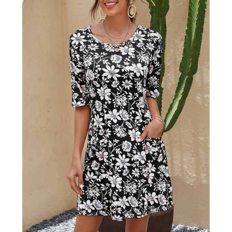 Summer New Women's Round Neck Printed Large Size Short Sleeve Dress