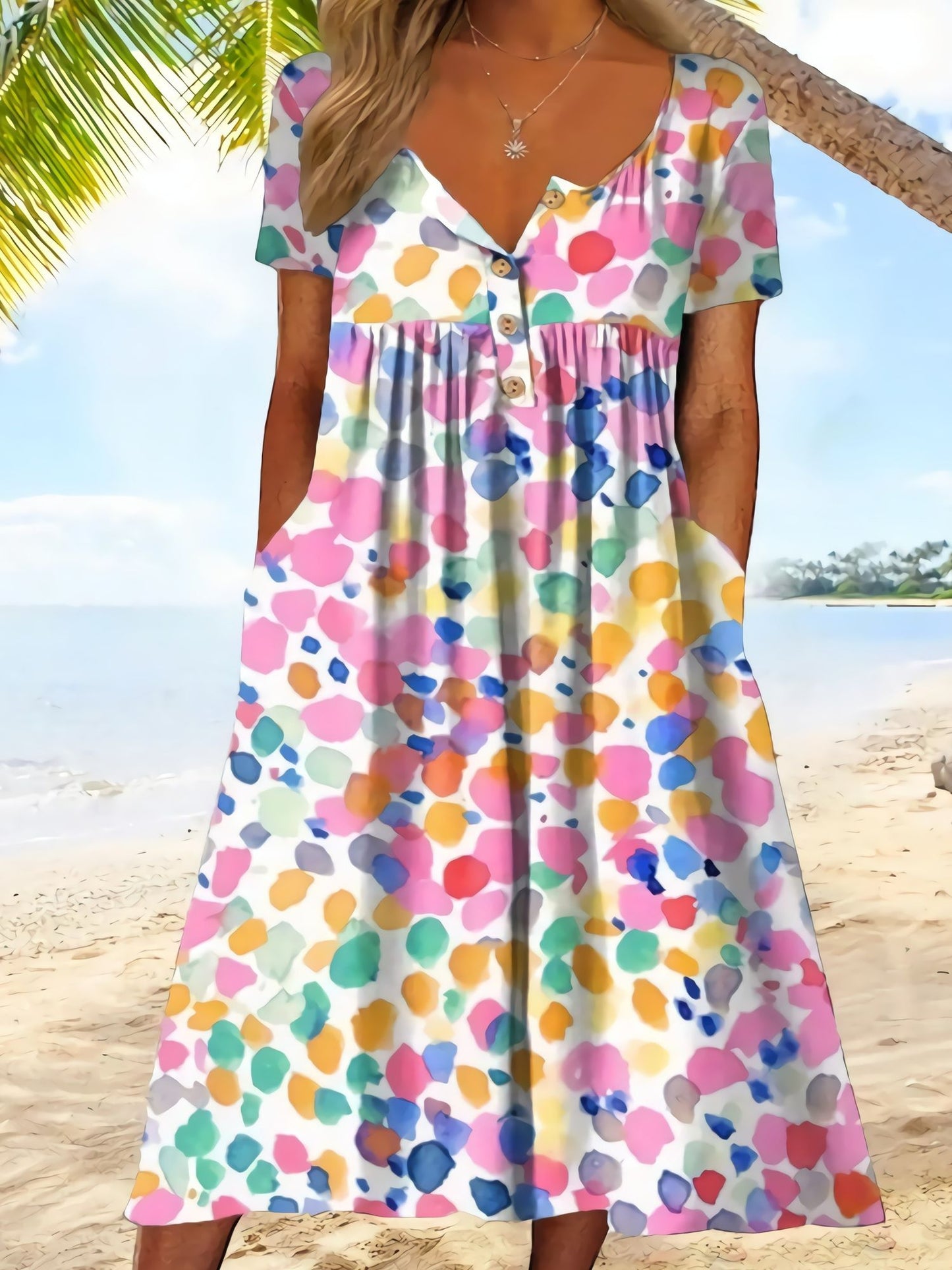 Painting Print Short Sleeve Button Up Dress