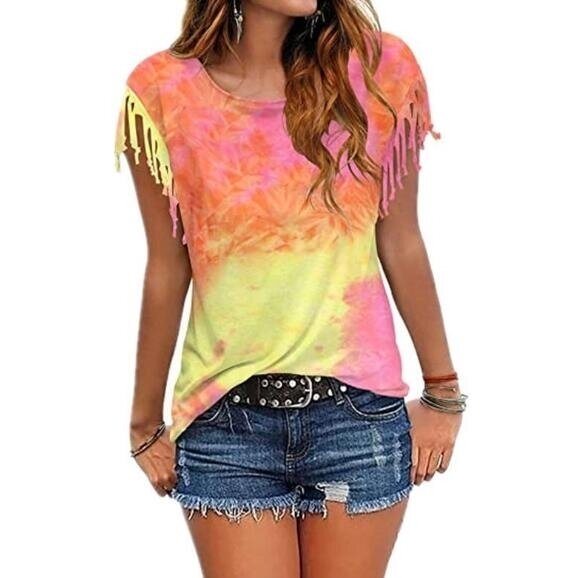 Tie-dye Fringed Short-Sleeved T-shirt