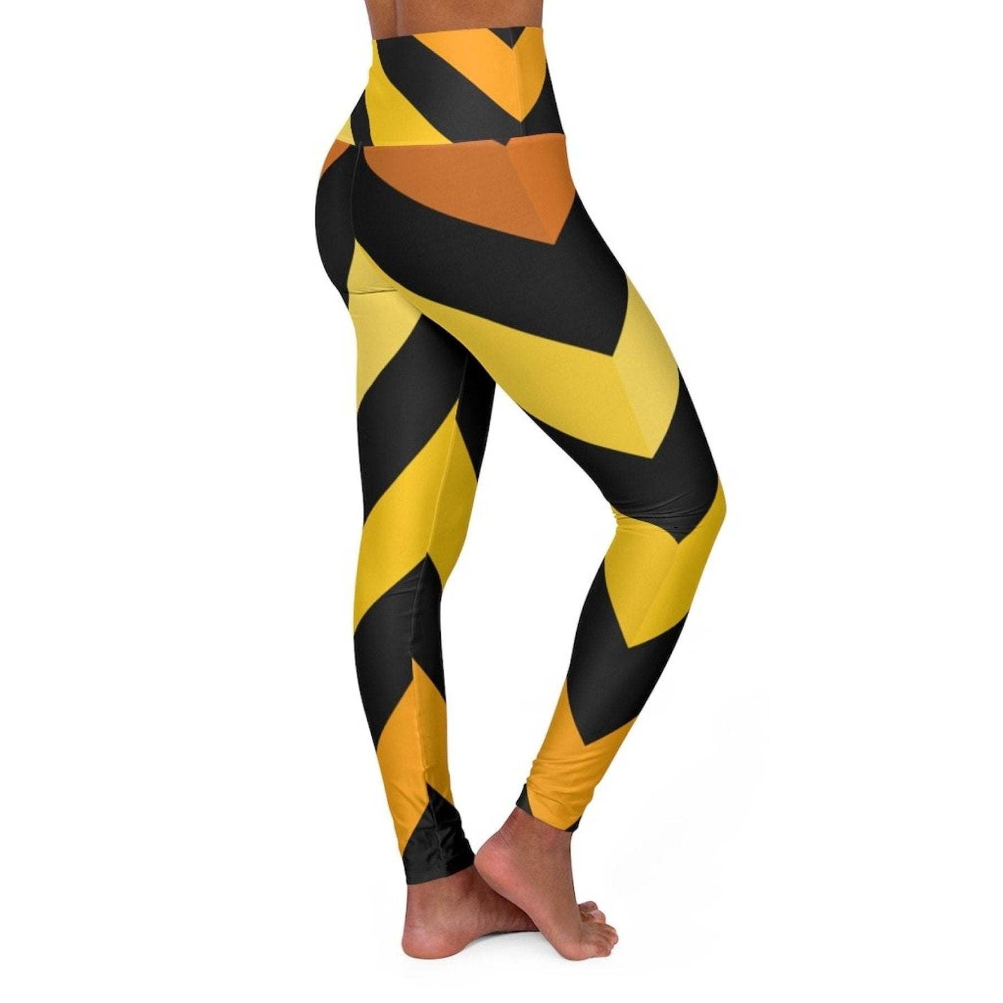 inQue.Style High Waisted Yoga Pants, Black And Yellow Herringbone Style Sports Pants