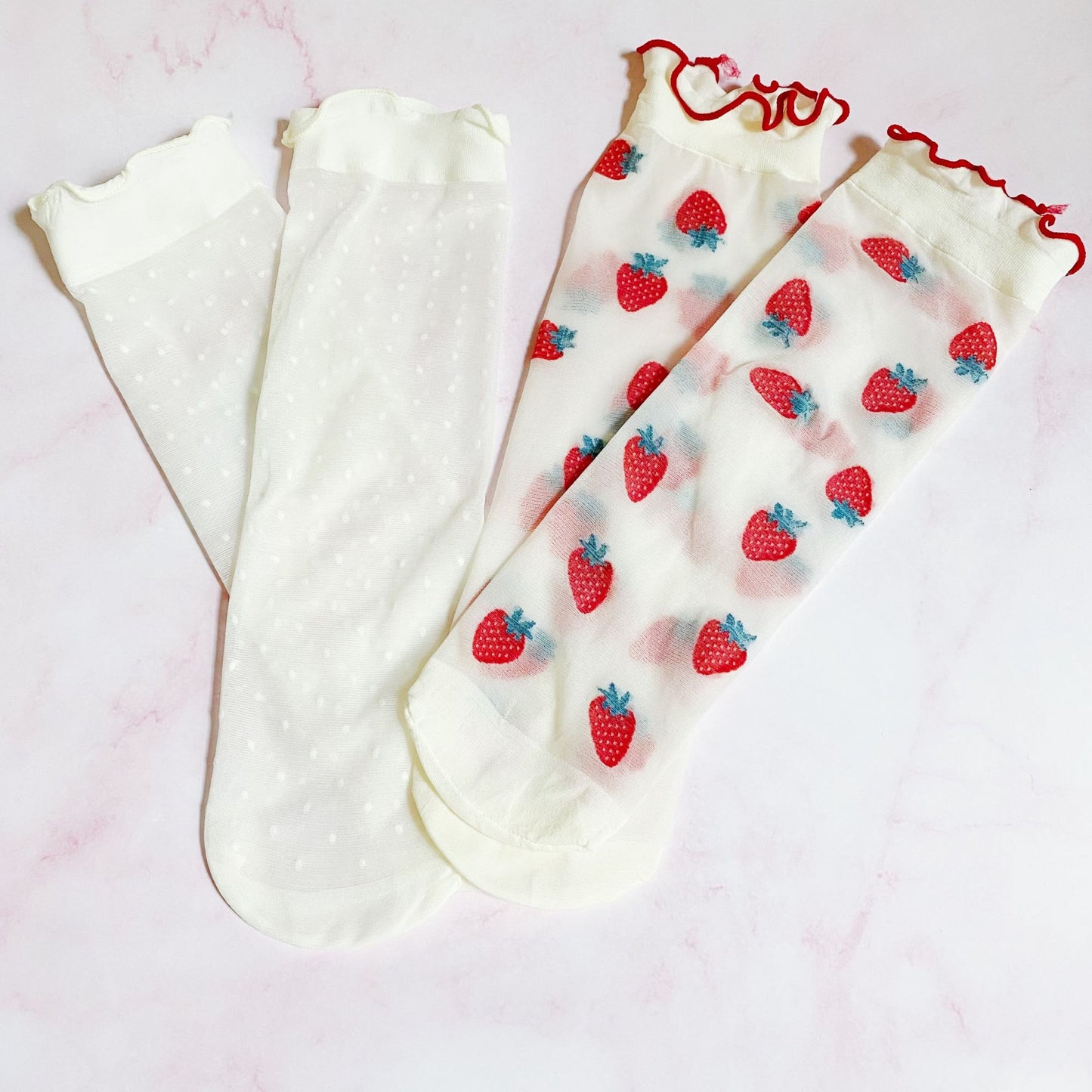 Dots And Strawberries Sheer Socks- 2Pairs