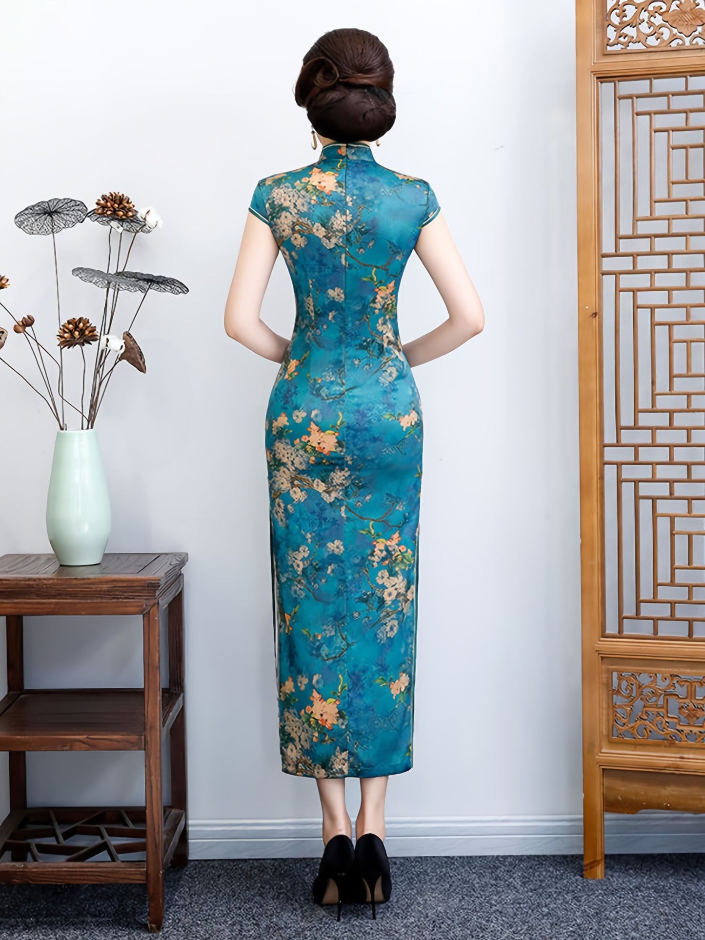 Blue Printed  Cheongsam Dress