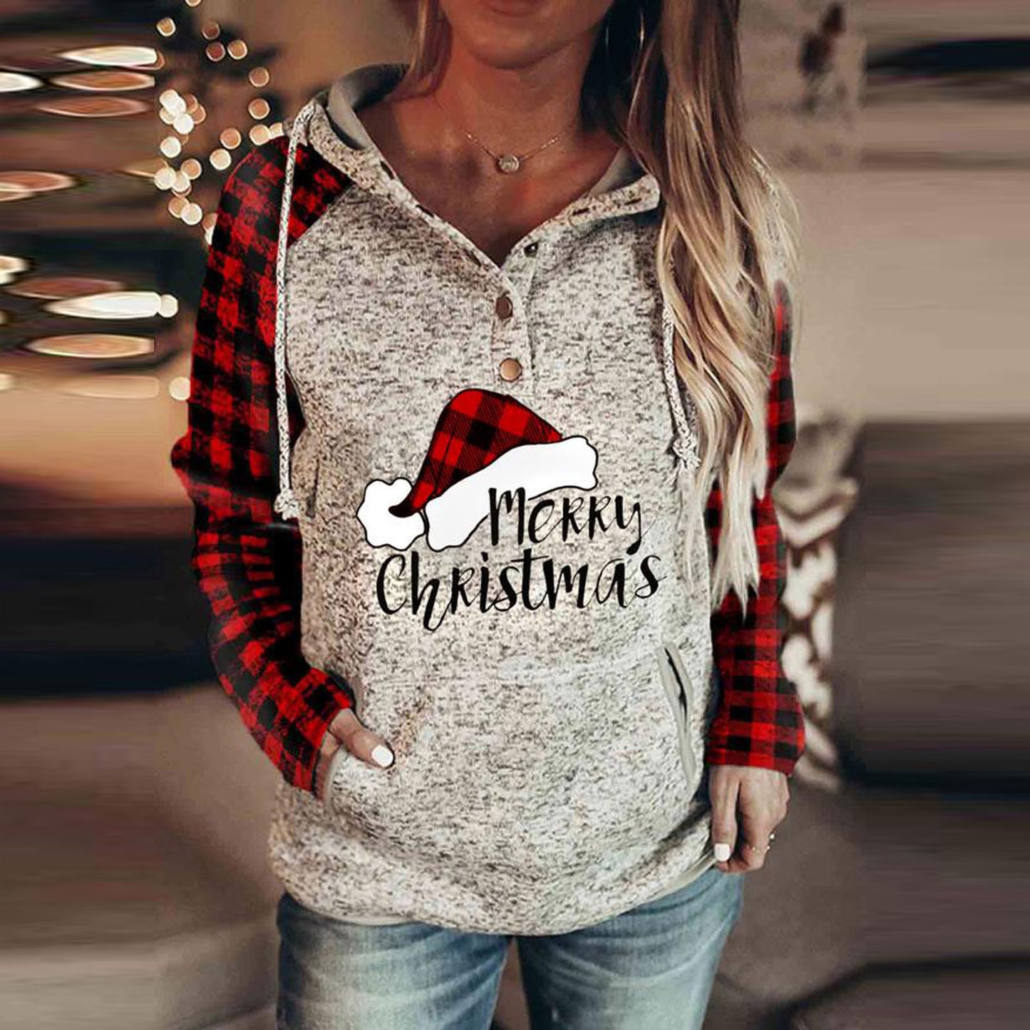 Christmas Print Plaid Stitching Hoodie