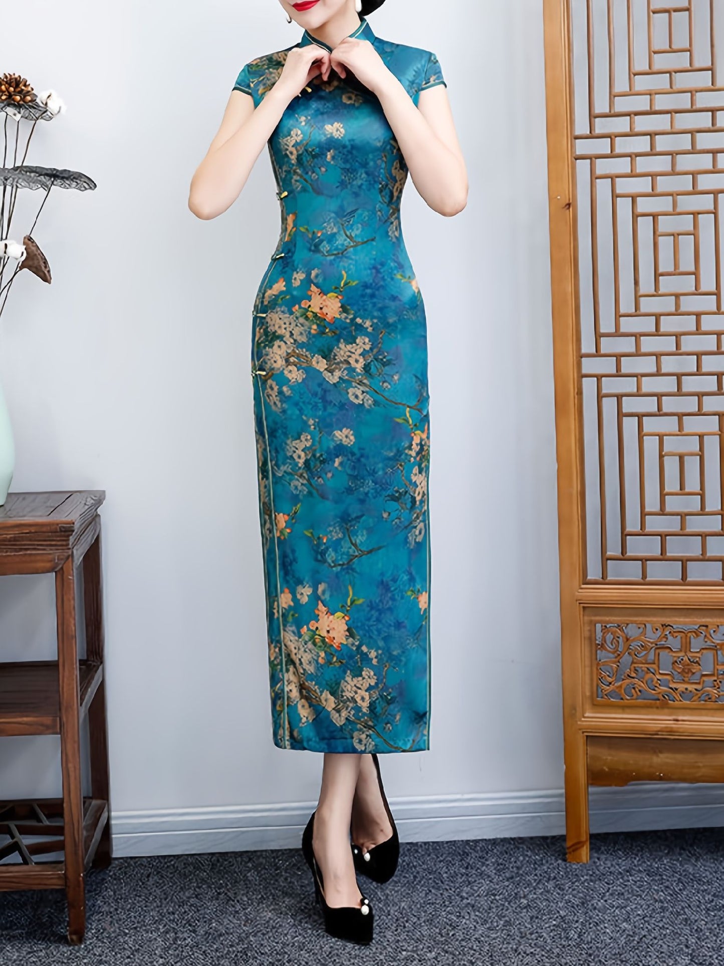 Blue Printed  Cheongsam Dress