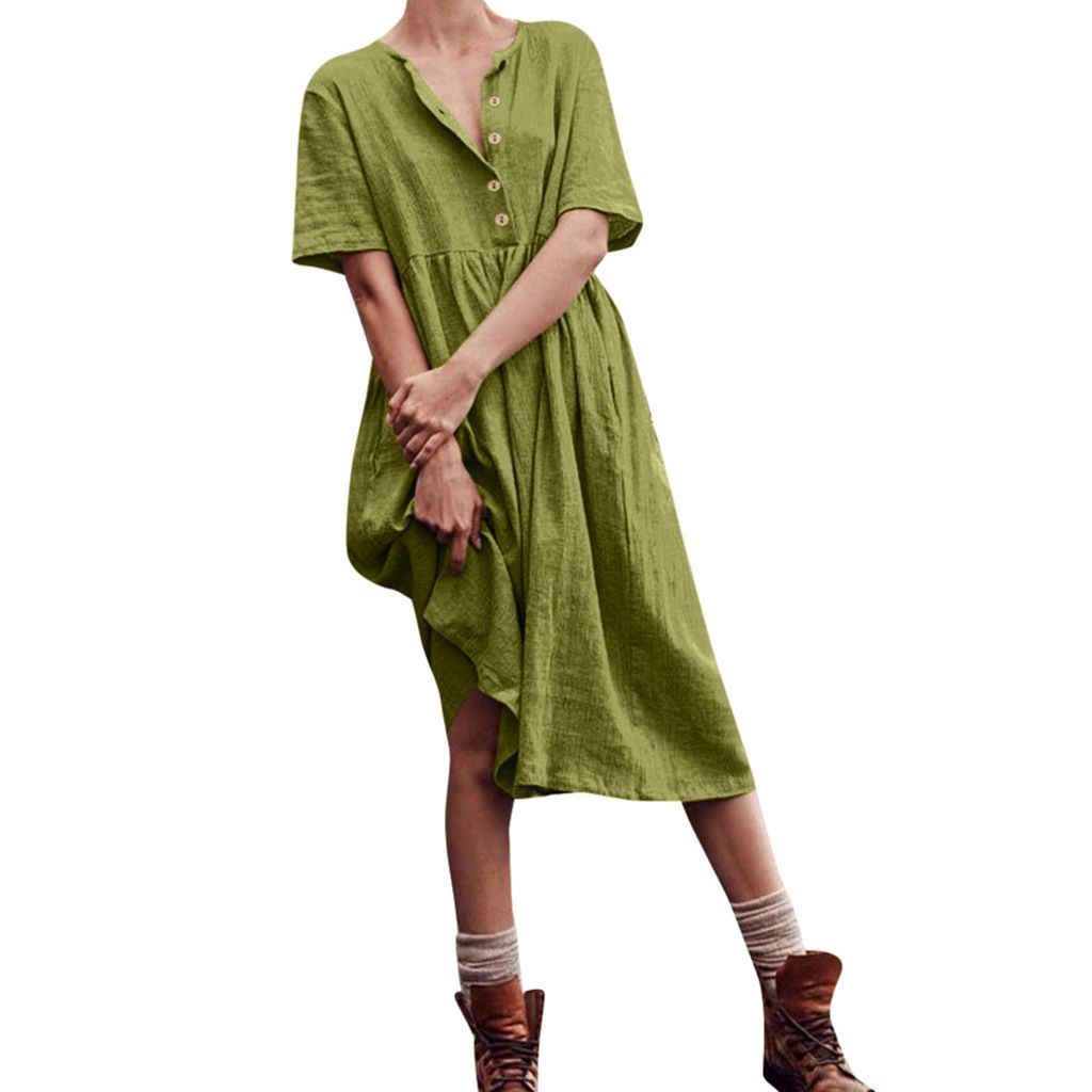 Solid Color Short-sleeved Button Dress