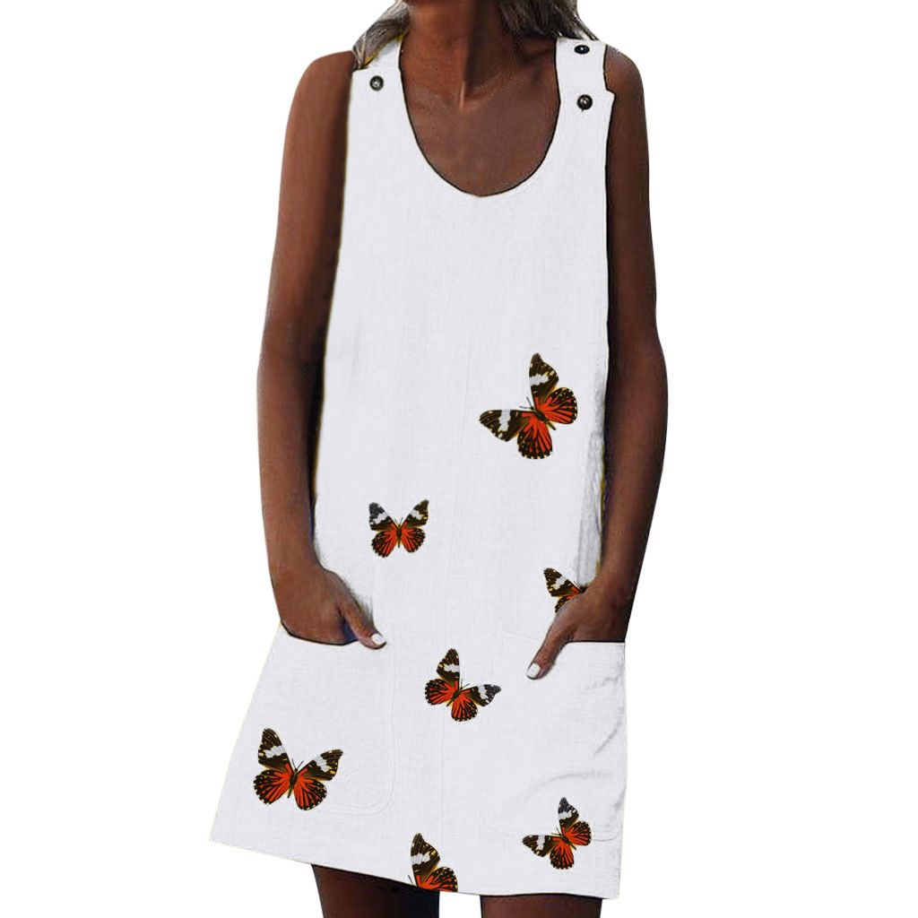 Butterfly Print Sleeveless Pocket Dress