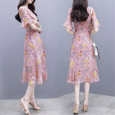 summer new women's floral dress waist slimming V-neck ruffled mid-length dress