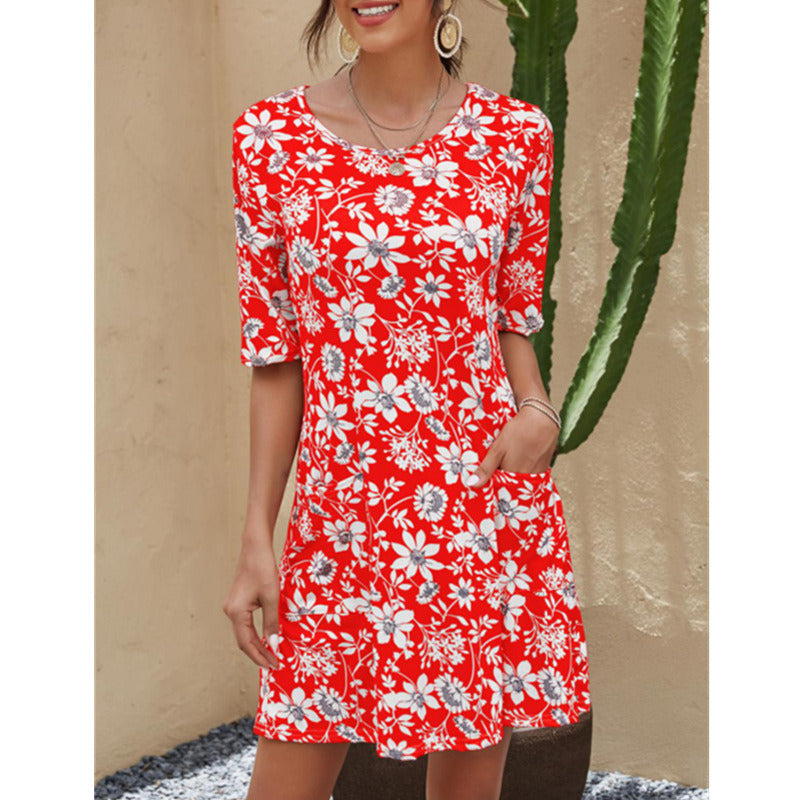 Summer New Women's Round Neck Printed Large Size Short Sleeve Dress