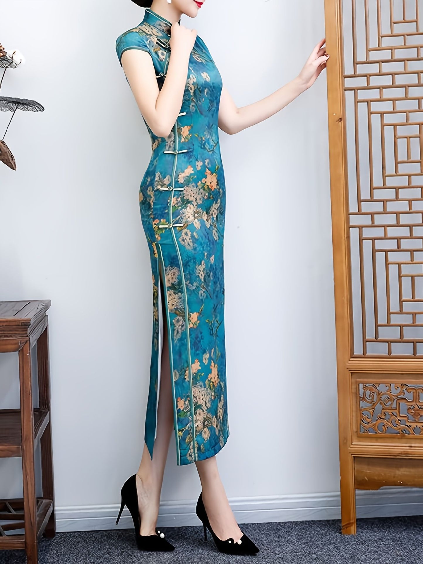 Blue Printed  Cheongsam Dress