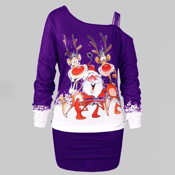 Off Shoulder Santa Claus Elk Sweatshirt