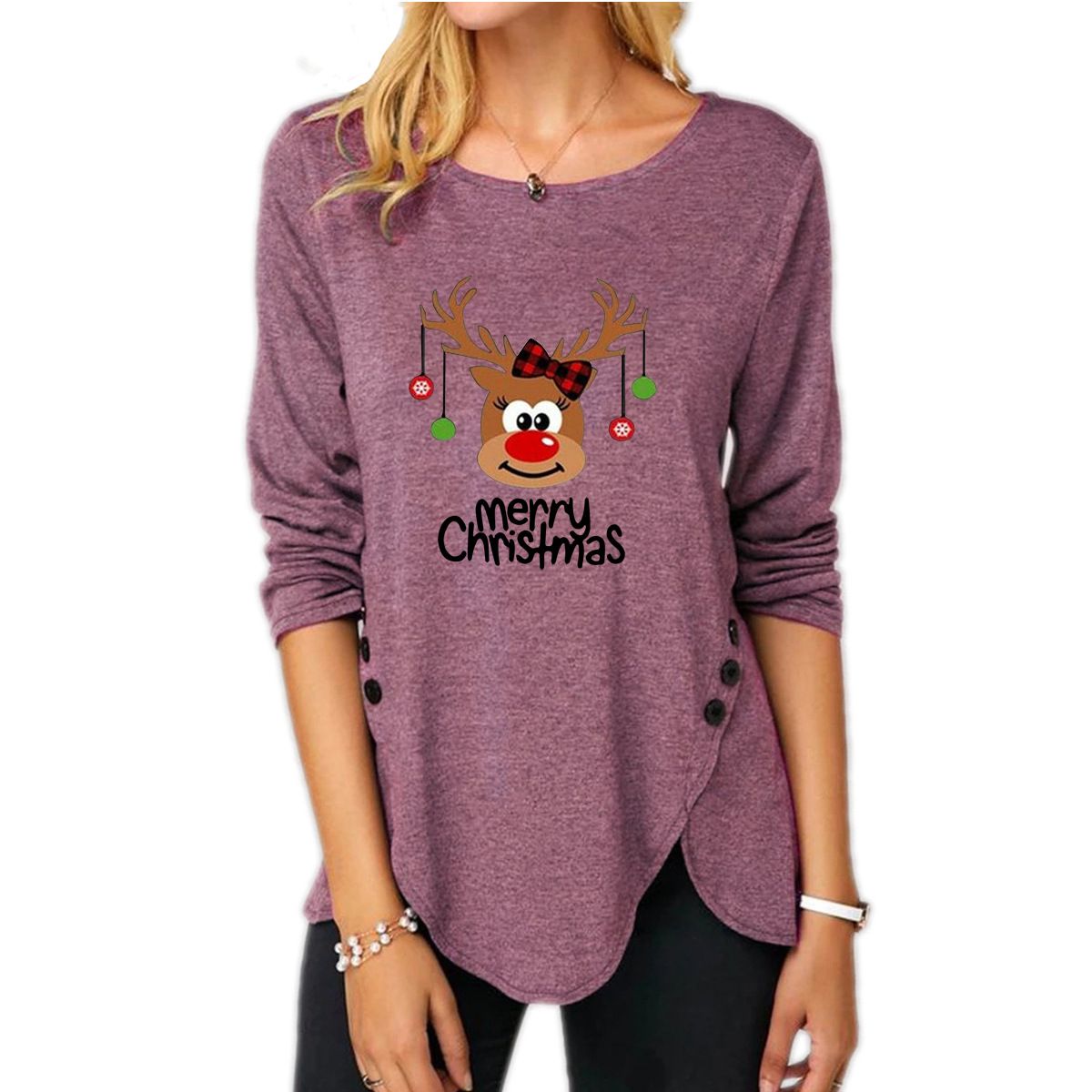 Button Long Sleeve Christmas Blouse