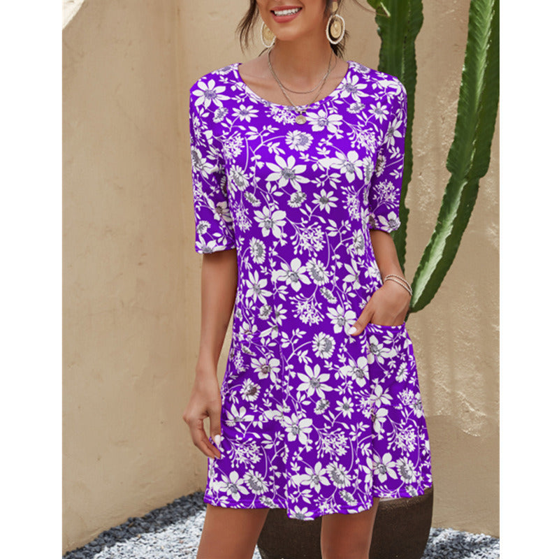 Summer New Women's Round Neck Printed Large Size Short Sleeve Dress