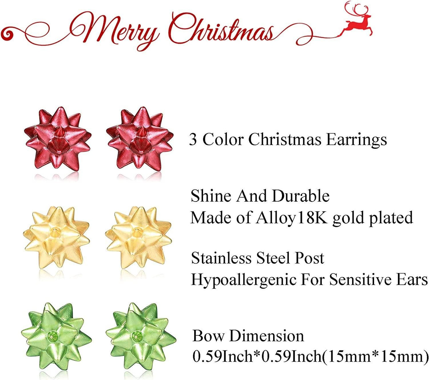 3 Pairs Christmas Bow Stud Earrings