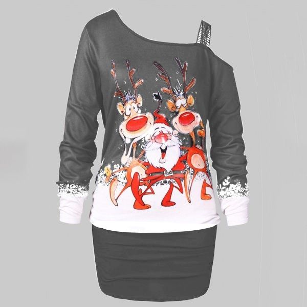 Off Shoulder Santa Claus Elk Sweatshirt