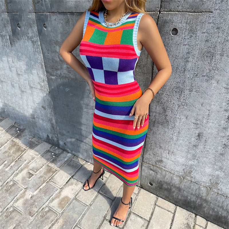 Stylish Color Block Plaid Sleeveless Dress