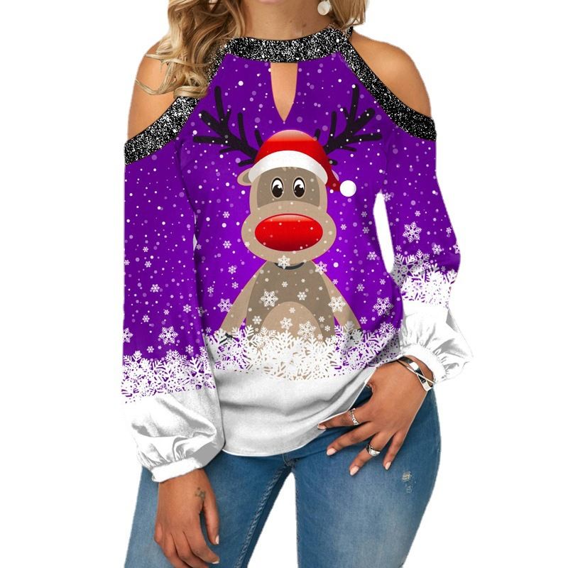 Christmas Elk Sequin Off-Shoulder Top