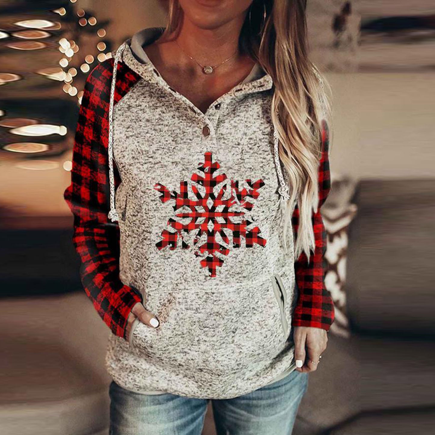 Christmas Print Plaid Stitching Hoodie