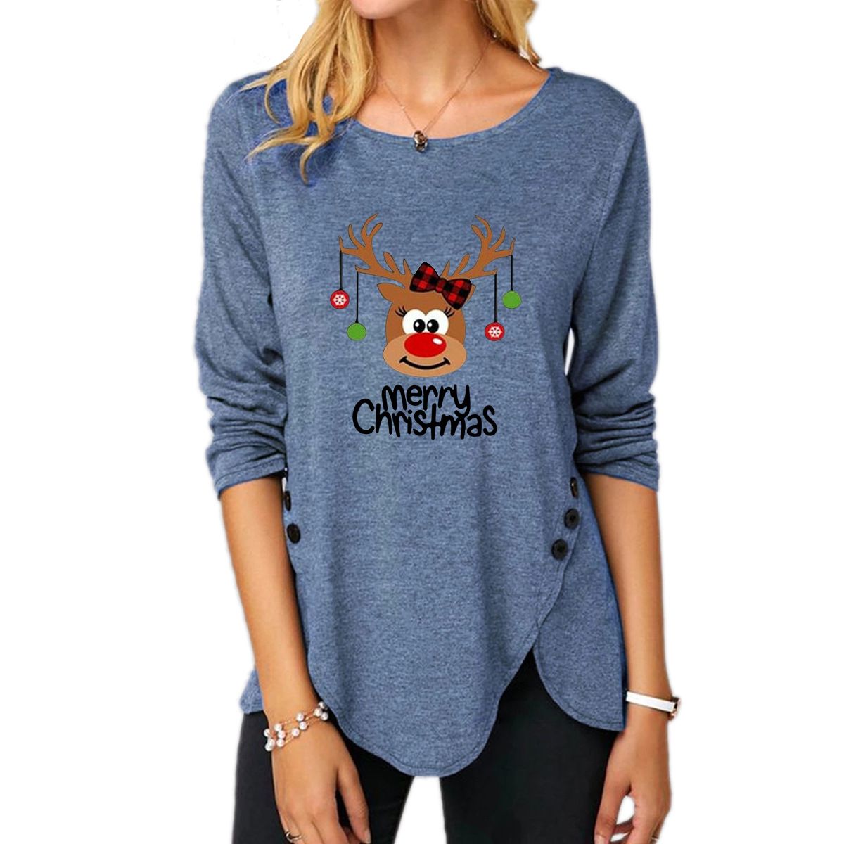 Button Long Sleeve Christmas Blouse